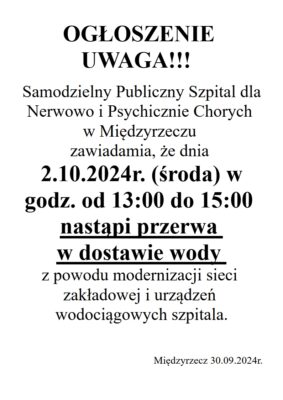 UWAGA – przerwa w dostawie wody